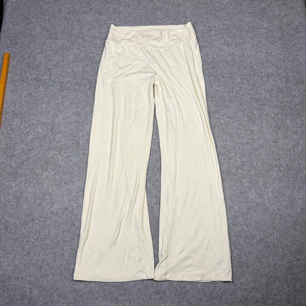 Cream Wide Leg Lounge Pants Fold Over Waist Yoga Trousers Cream L